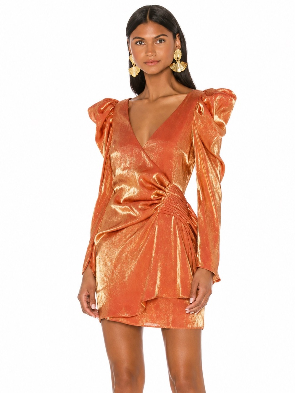 Elliatt Metallic Copper Gold Puff Shoulder Long Sleeve Wrap Mini Dress